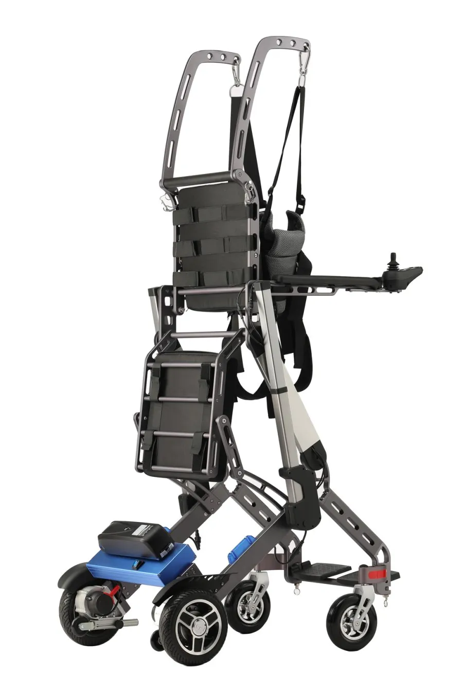 Standing wheelchair with harness, seat and joystick control